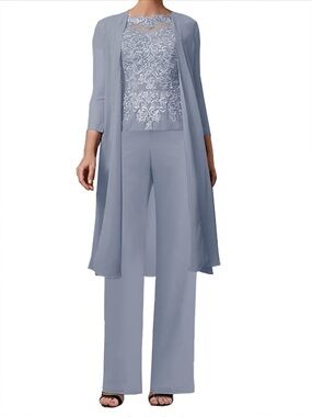 Mother of the Bride Pant Suit Set Women’s 14 Blue Lace Chiffon 3 Piece Formal